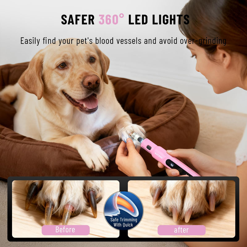 Katerk Pet Dog Nail Grinder - 5 Speed Quiet Electric Dog Nail Trimmer with 360°LED Light, 2500mAh Rechargeable, 32PCS Cordless Rotary Tool for Small Medium Large Dogs & DIY Sanding, Carving (Pink) Pink - PawsPlanet Australia