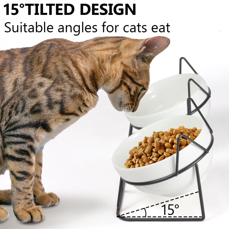 Elevated Tilted Cat Bowls for Indoor Cats，Raised Ceramic Cat Bowl Elevated 15°,Pet Feeding Bowls for Food and Water Anti Vomiting Bowl(Double Ceramics Bowls and Tilt Shelf) Suitable for All Cat Sizes - PawsPlanet Australia