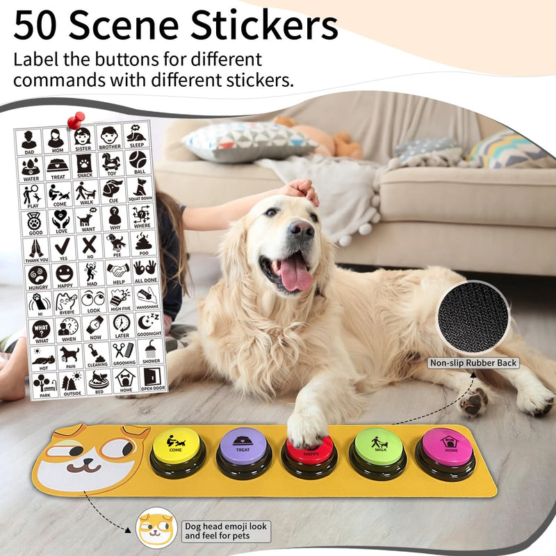 RIBOSY Dog Buttons for Communication, 5 Pcs Dog Speech Training Buzzers with Non-Slip Rubber Pad and 50 Stickers, 30 Seconds Voice Recording Button for Pet to Voice What They Want - PawsPlanet Australia