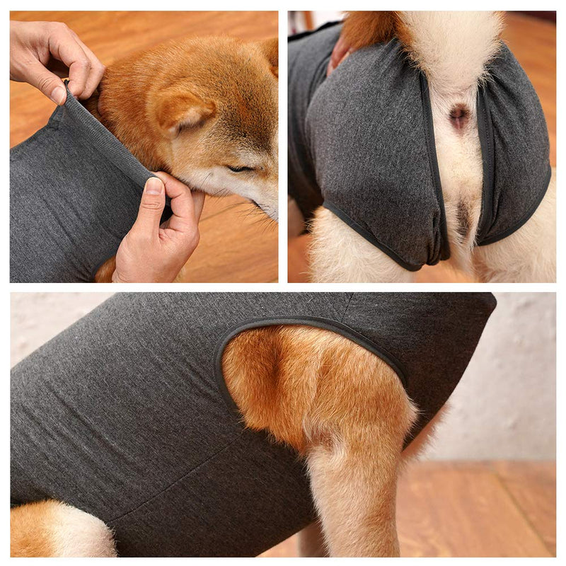 Dog Recovery Suit Abdominal Wound Puppy Surgical Clothes Post-Operative Vest Pet After Surgery Wear Substitute E-Collar & Cone (M, Grey) Medium (Pack of 1)