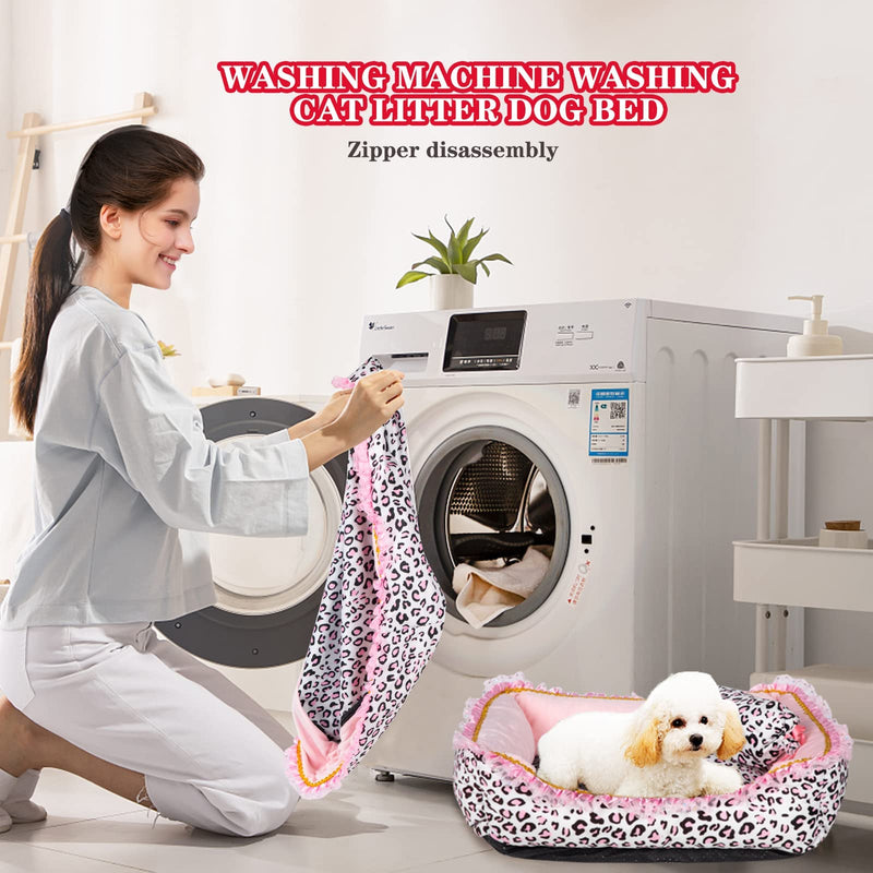 Gigreinc Dog Bed for Small Dogs - Cute Pink Leopard Dog Bed,Cat Beds for Indoor Cats Washable - Square Shape Cat Dog Sofa Bed Pet House Nest Cave(M, 20.8" L x 18" W x 5.5" Medium Square Bed - PawsPlanet Australia