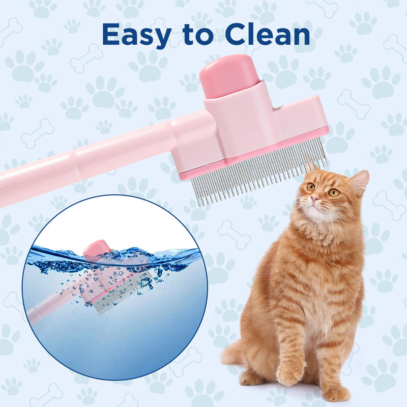 Cat and Dog Comb Pet Hair Removal Tool Flea comb Lice Comb Cat Brush with Release Button Self-cleaning Function, Equipped with Long and Short Stainless Steel Metal Teeth for Hair Removal Pink - PawsPlanet Australia