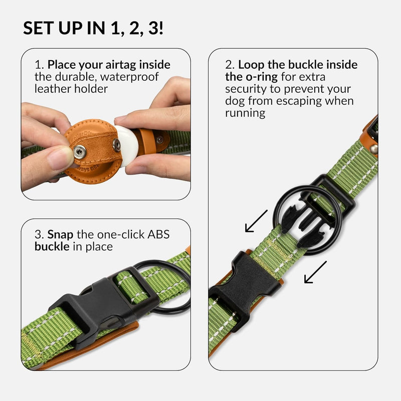Airtag Dog Collar, CollarDirect, Reflective Dog Collar for Apple Air Tag for Large, Medium, and Small Dogs, Black, Green, Pink (L, Green) Large 16.5"-20" - PawsPlanet Australia