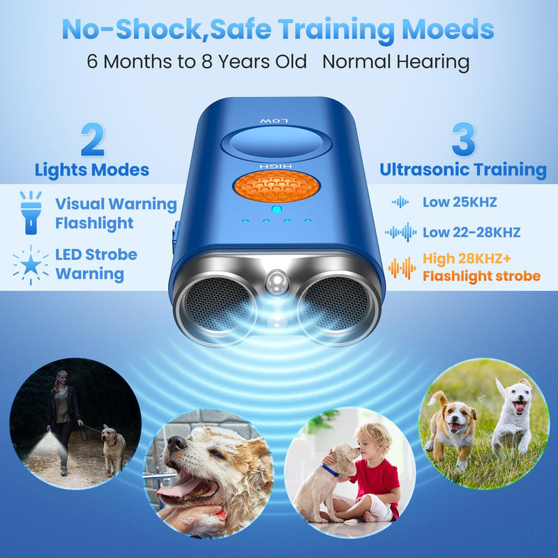 Dog Bark Deterrent Device, Anti Barking Device for Dogs Training Indoor Outdoor No More Bark Ultrasonic 2X Effective Emitters 50ft Range to Stop Neighbors Dog Barking Rechargeable for All Dogs Blue