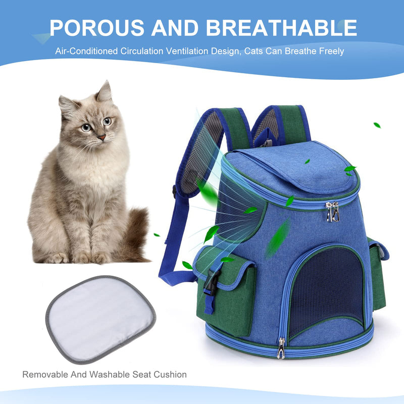 PETCUTE Cat Carrier Backpack for Cats and Small Dogs,Foldable Breathable Pet Carrier Backpack with Inner Safety Strap, Removable Mat,Dog Backpack Carrier with Side Pockets for Travel Camping Hiking M Dark Blue+Green - PawsPlanet Australia