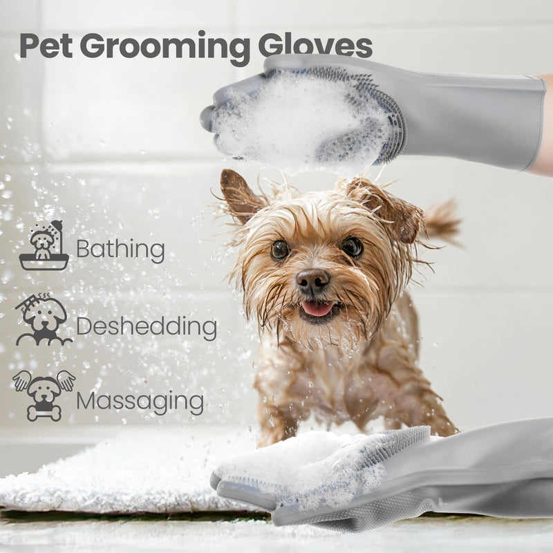 DELOMO Dog Washing Gloves with Comb: Soft and Gentle Silicone Pet Grooming Gloves - Bathing Scrubber Brush Mitt Grooming Shedding Fur Removal Massage for Dogs/Cats/Horse, Grey Large - PawsPlanet Australia