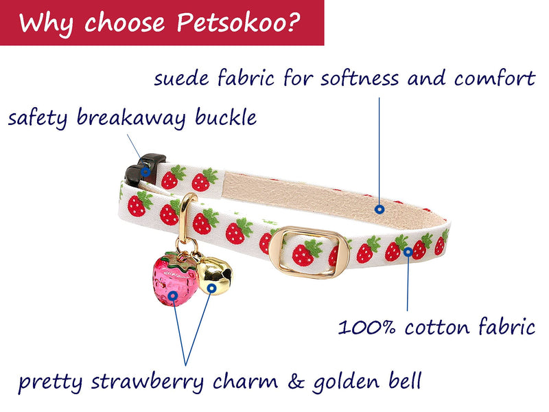 PetSoKoo Cute Cat Collar with Bell and Strawberry Charm.100% Cotton.Safety Breakaway Soft.for Girl Boy Male Female Kitten Collar Small (6-9.5 inch,16-24cm) White
