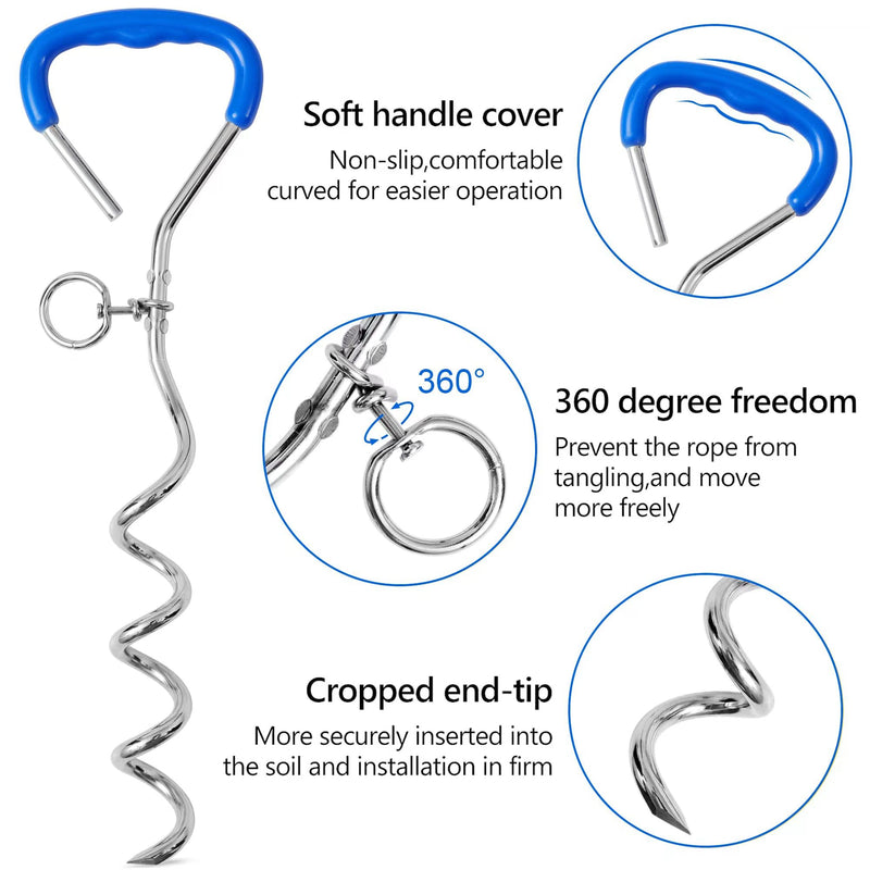 Dog Tie-Out Stake, Heavy Duty 16" Spiral Anchor Stake for Outside, Yard and Camping, Soft Grip Handle Anti-Rust Stake for Any Dog Cable Leash Chain, Small to Large Dogs Up to 200lbs (Blue, 16" Stake) Blue - PawsPlanet Australia