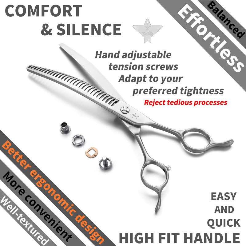 High-end Professional Dog Grooming Curved Thinning Scissors Teeth Blending Shears Pet Texturizing Thinner Blender Shears 7.5 Inch Extremely Very Sharp Made Of Stainless Steel Alloy For Dog Cat Groomer Matte Silver Curved Thinning 7.5inch - PawsPlanet Australia