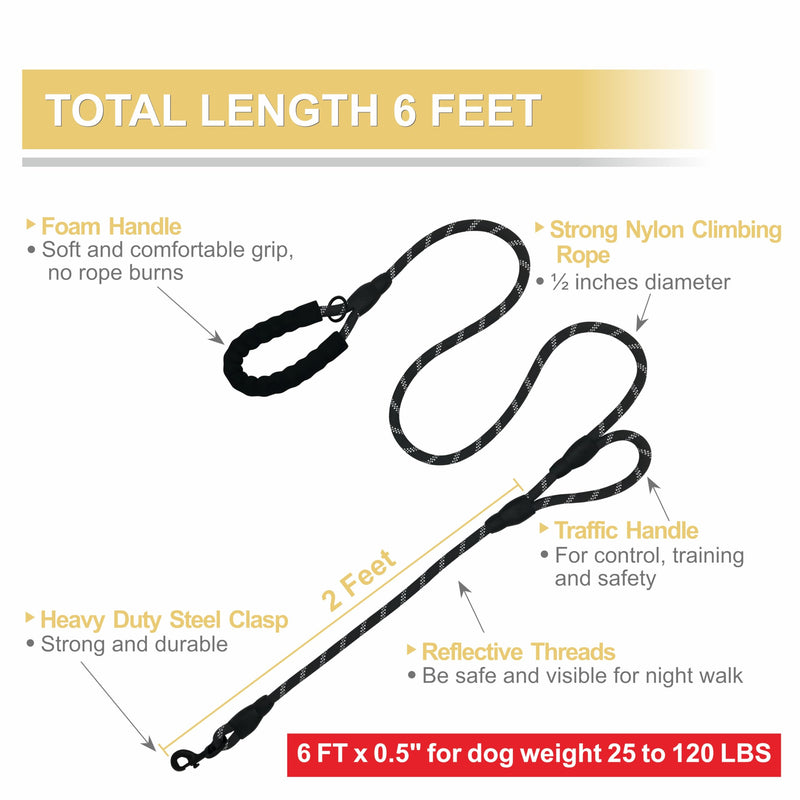 Dog Leash Heavy Duty 6ft, Double Handle Dog Leash with Padded Handle for Traffic Control, Reflective Rope Leashes for Large and Medium Dogs Control Safety Training at Night (Black) Black (25 to 120 lbs) - PawsPlanet Australia