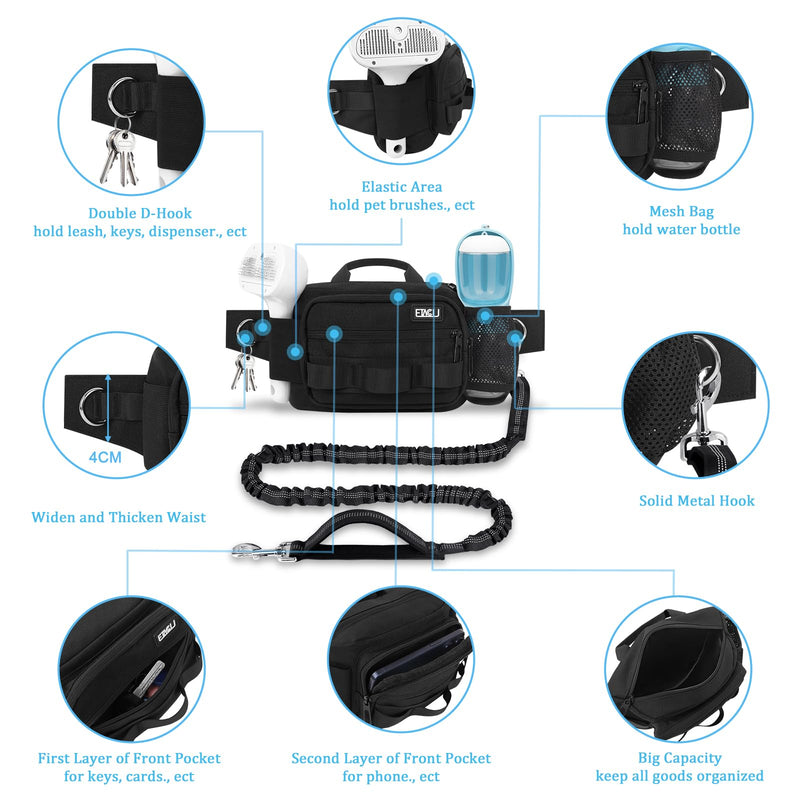 ETACCU Hands Free Dog Leash with Zipper Pouch, Waist Belt for Large Medium Dogs for Running, Walking, Jogging and Hiking, Dual Padded Handles and Durable Bungee - Black (1 Dog Black) 1 Dog Black - PawsPlanet Australia