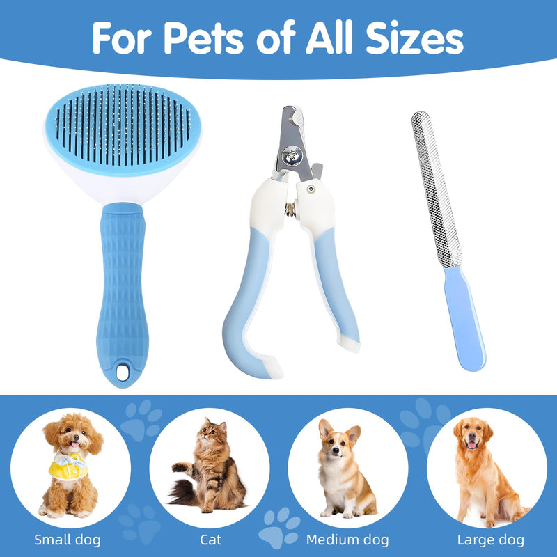 Aglads Cat and Dog Brush,Self-Cleaning Slicker Brush for Pet Grooming Includes Blue Fine-Needle Comb, Pet Nail Clipper, File For Daily Home Use Small/Large Dogs, Long/Short-Haired Cats, and Rabbits - PawsPlanet Australia