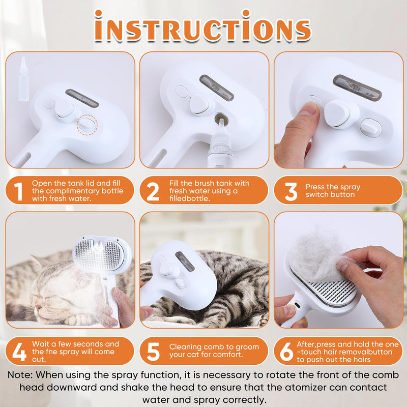 Cat Steam Brush with Release Button, Pet Spray Brushes for Shedding & Grooming, Mist Comb for Pet Long Short Haired, Steamy Brush for Cats Removing Loose Fur and Massage (White) White - PawsPlanet Australia