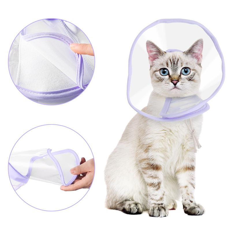 BENCMATE Cat Cone, Drawstrings Cat Cone Collar with Low Noise Fasteners, Transparent Cat Recovery Collar, Licking and Scratching Free Cone, Extra Soft Cat Surgery Collar (Purple,Small) [Neck:7-9"] Small Lavender - PawsPlanet Australia