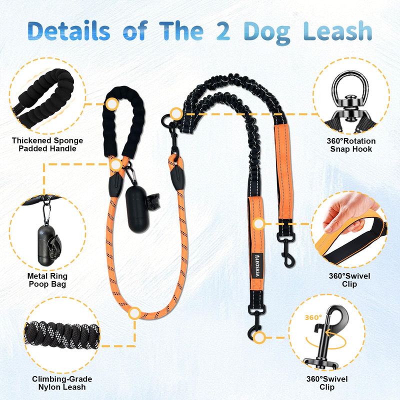 Double Dogs Leash - Removable Main Lead Rope with Splitter, No Tangle 2 Dog Coupler, Reflective No Pull Bungee, 3 Handle, D-Ring, Extra Long for Walk Train Medium Large Two Pet (Orange) Orange
