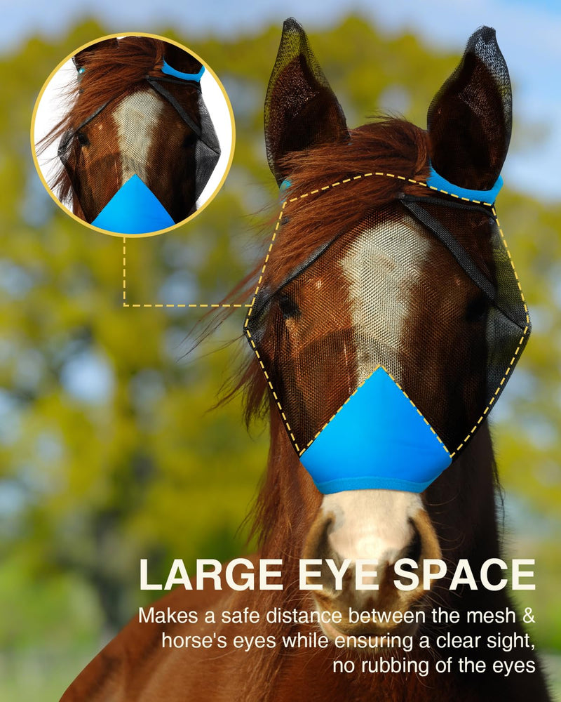 Hilltown Adjustable Fly Mask for Horse with Ears - UV-Block, Large Eye Space, Breathable, Built to Last, Comfort Fit - Horse Fly Mask for Daily Stable, Hot Weather Riding & Competition - X-Full, Blue - PawsPlanet Australia