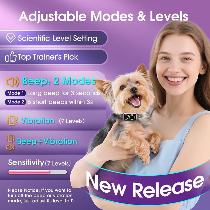 Smart Dog Bark Collar, Automatic Stop Bark Collar for Large, Medium, Small Dogs, Safe & Humane Barking Collar with Beep, Vibration & 7 Adjustable Sensitivity, Anti Barking Device IP67 Waterproof 1-Pack Bright Purple - PawsPlanet Australia