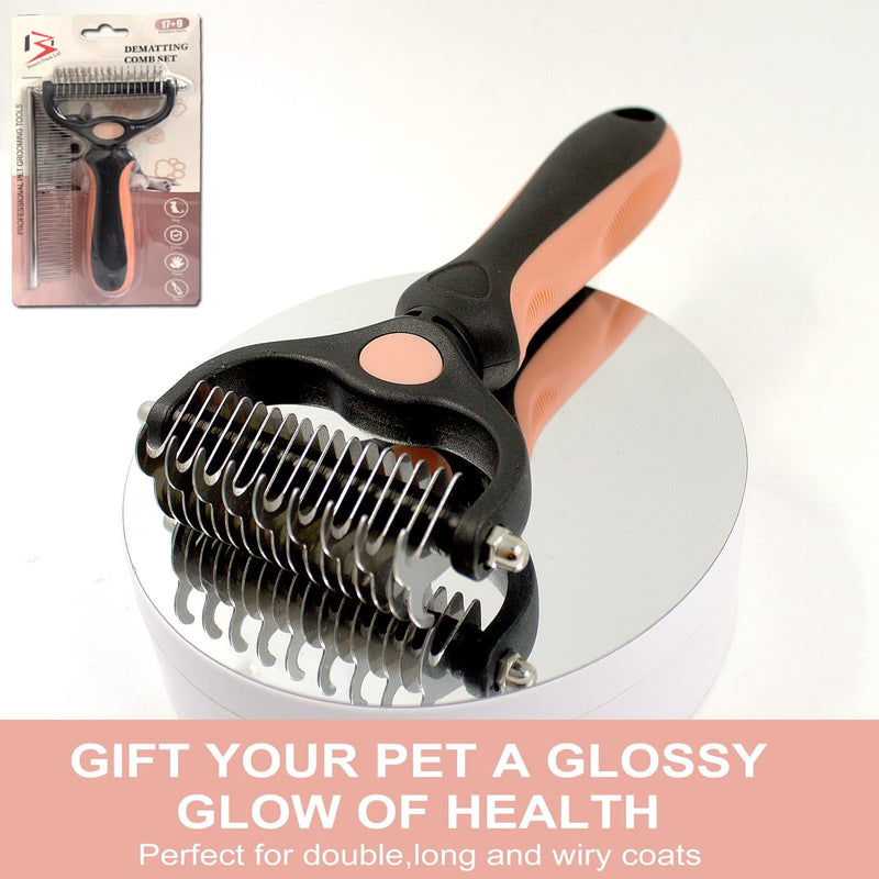 BeautyTrack Pet Dematting Comb Set, Dual-Sided Grooming Rake for Dogs and Cats, Professional Deshedding Tool with Stainless Steel Teeth, Pet Grooming Rake and Brushes for Small & Medium (Melon, L) Melon - PawsPlanet Australia