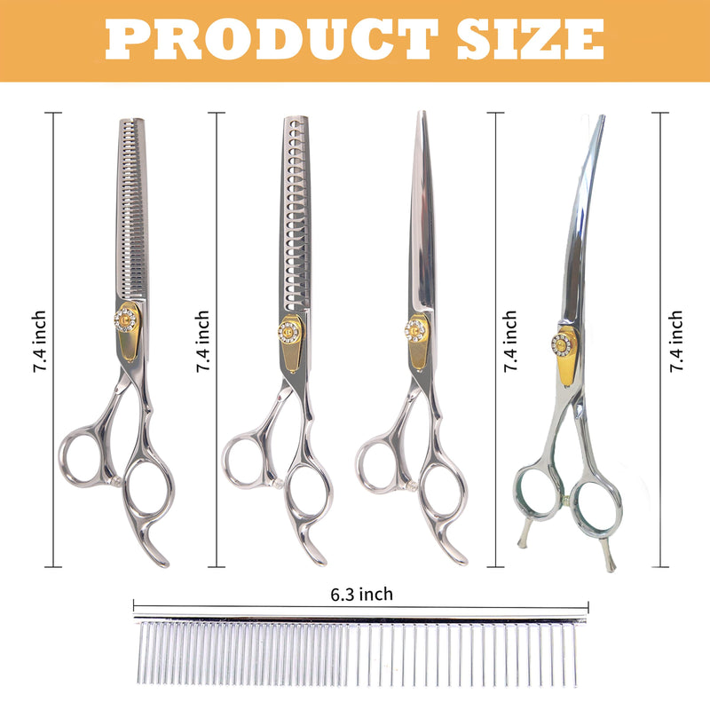 7 Inch Professional Dog Grooming Scissors Kit, 6-in-1 Grooming Scissors for Dogs, Pet Grooming Shears Set, Straight Scissor & Thinning Shear & Curved Scissor & Chunker Shear (Silver) Silver - PawsPlanet Australia