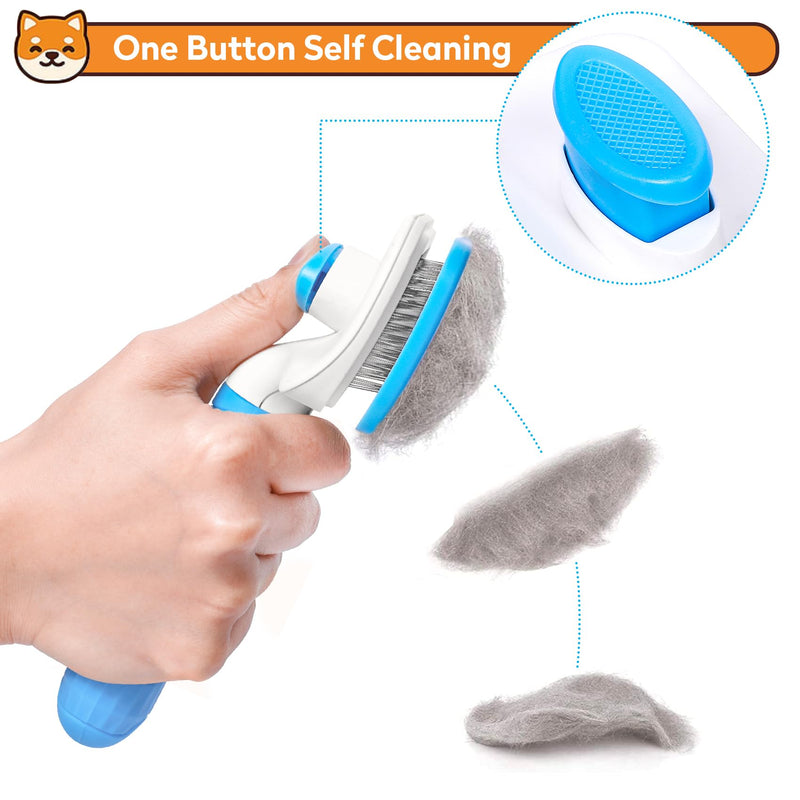Dog & Cat Brush, Self Cleaning Slicker Brush for Pets, Upgraded Dog Brush for Shedding Massaging and Grooming, Removes Loose Undercoat & Portable Comb for Long Short Haired Dogs(Blue) Blue