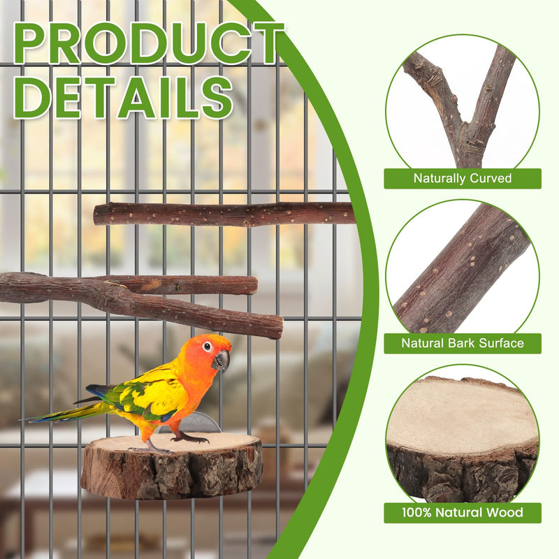 BILLIOTEAM 9PCS Apple Wood Bird Perches, Natural Parrot Stand & Chewing Toy with Multi-Branch, Straight Perch Stand, Platform & Climbing Rope, Cage Accessories for Parakeets, Cockatiels, Budgies