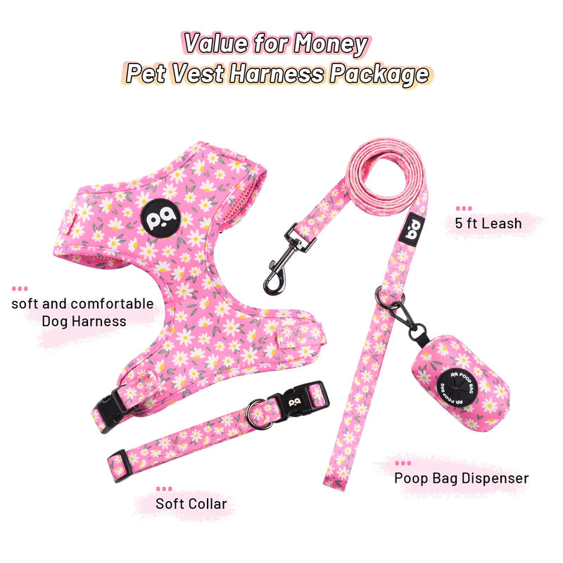 QQPETS Dog Harness Collar Leash with Poop Bag Holder 4 PCS Set, Adjustable No Pull Soft Mesh Padded Vest for Small Medium Large Pet Puppy Outdoor Walking (Daisy Pink, M (Chest 17”-24”)) M (Chest 17”-24”) Daisy Pink - PawsPlanet Australia