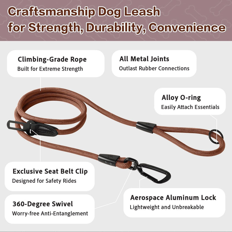 PawsPassion Rope Dog Leash 6 FT, 2-in-1 Heavy Duty Dog Leash with Seat Belt Buckle, Tangle Free 360ｰ Swivel Aviation Aluminum Carabiner, All Metal Hardware, Alloy O-Ring (Canyon Red) Canyon Red - PawsPlanet Australia