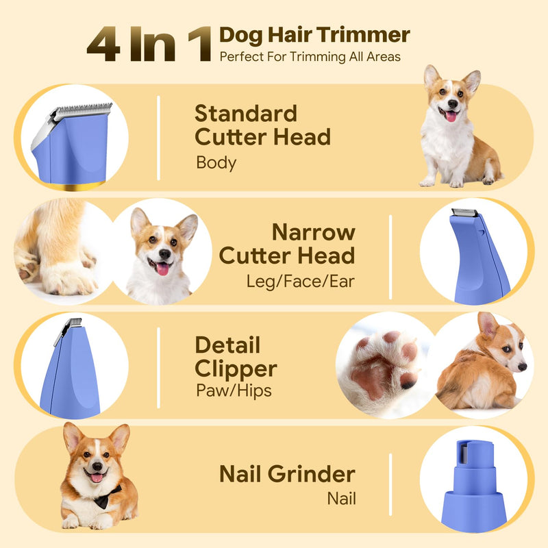 Small Dog Grooming Kit, 4 in 1 Electric Cordless Dog Paw Trimmer with Nail Grinder, Low Noise Dogs Nail Trimmers, IPX7 Waterproof Small Dogs Grooming Clippers for Paws, Ears, Face, Hip Hairl D-blue - PawsPlanet Australia