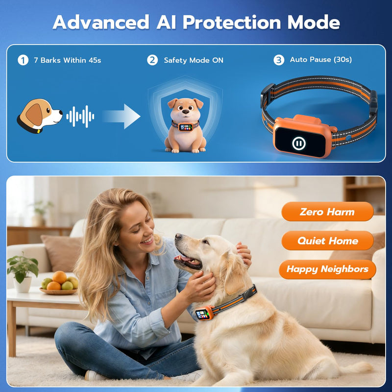Bark Collar for Small Medium Large Dogs 8-100lbs | Upgraded Smart AI Anti Barking Collar w/AirTag Holder, 5 Modes (Beep/Vib/Safe Shock), Adjustable Sensitivity, Bark Counter, Rechargeable Waterproof Orange