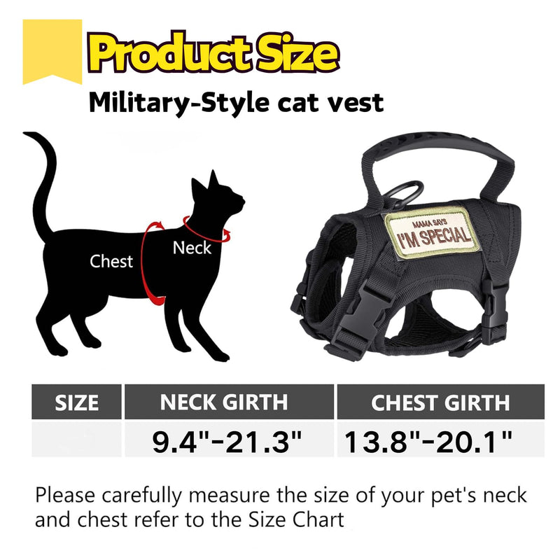 Tactical Cat Harness and Leash Set Soft Mesh Adjustable Large Cat Vest with Rubber Handle Easy to Control for Large Cat Small Dog Outdoor Walking Black
