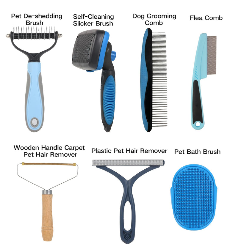 7‑in‑1 Pet Deshedding Tool, Dog Grooming Brush Set, Dog Brush Combo, Pet Deshedding Brush, Flea & Grooming Comb, Carpet & Bath Hair Remover - PawsPlanet Australia