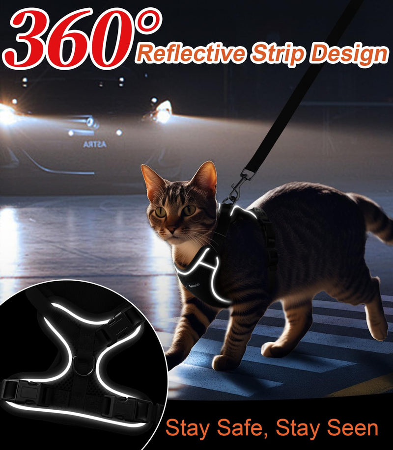 Cat Harness and Leash for Walking Escape Proof Soft Adjustable Cat Leash Breathable Comfortable Vest Easy to Wear Kitten Harness for Outdoor Travel Black S S (7-12lb) - PawsPlanet Australia