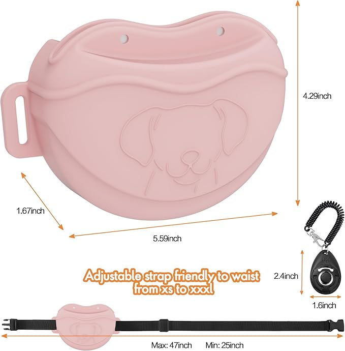 Dog Treat Pouch Kit, Silicone Treat Bag Fanny Pack with Waist Belt Magnetic Closure Pouches, with Dog Clicker and Silent Whistle for Pet Training Walking(Pink) Pink - PawsPlanet Australia