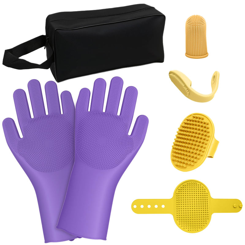 7PCS Dog Bath Brush | Pet Grooming Gloves | Storage Bag | Soothing Massage Rubber Comb with Adjustable Ring Handle | Pet Bathing for Dogs and Cats (Lavender Purple) Lavender Purple - PawsPlanet Australia