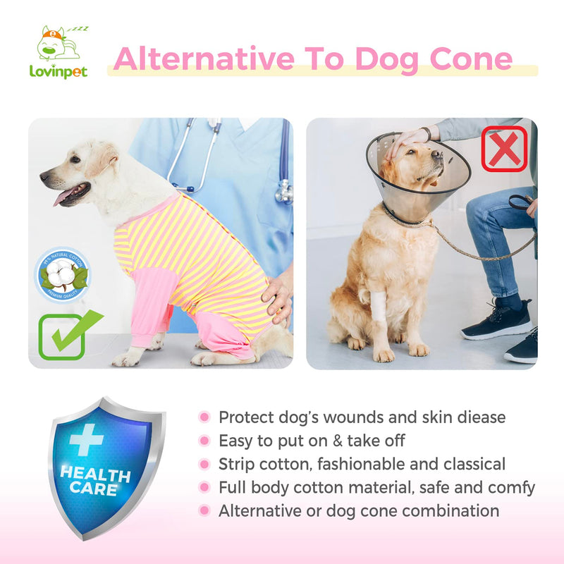 LovinPet Dog Recovery Suit for Large Medium Dogs - Full Coverage Dog's Bodysuit Wound Protective Surgical for Abdominal Wounds After Surgery Anti-Licking Cut-Out Design of Abdomen,Buttons,XXL XXL Pink collar/Yellow - PawsPlanet Australia