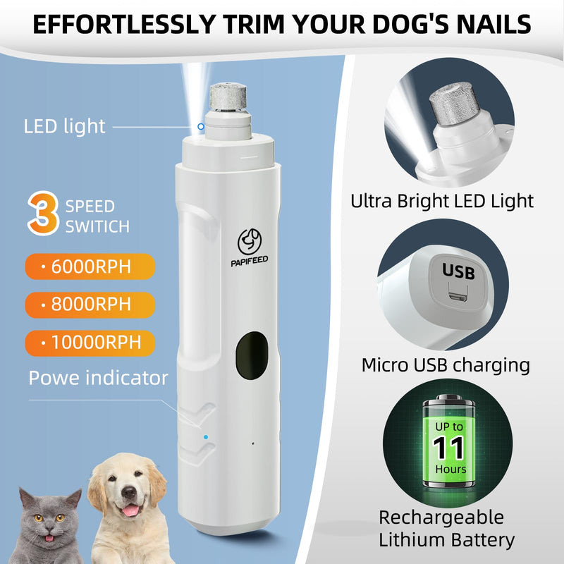 Dog Nail Grinder with 2 LED Light,3-Speed Rechargeable Dog Nail Trimmer, Upgraded Powerful Electric Dog Toe Nail File Quiet Painless, Paws Grooming for Small Medium Large Dogs Cats-White White - PawsPlanet Australia