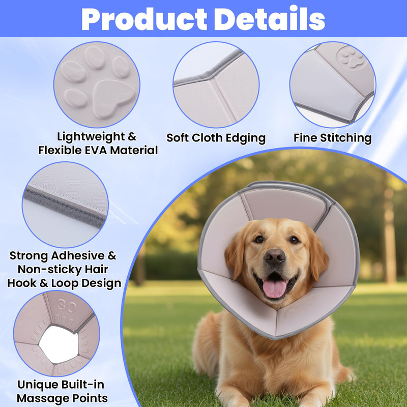 Soft Dog Cone Collar with Massage Points, Adjustable Recovery Collar for Large Dogs After Surgery to Stop Licking, Soothing Pet Cone for Wound Healing (Gray)