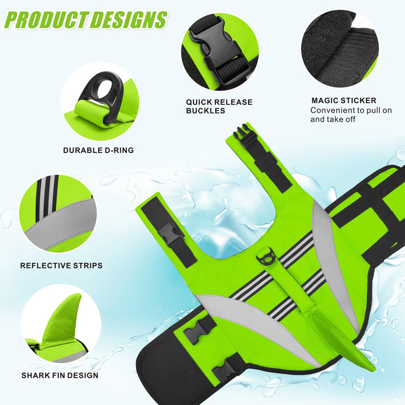 Mosucoirl Dog Life Jacket High Flotation,Shark Dog Lifesavers Floats Coat High Visibility Reflective Pet Safety Vest Swimsuits Small Medium Large Dog Life Vest for Swimming Boating Surfing Kayaking Green - PawsPlanet Australia