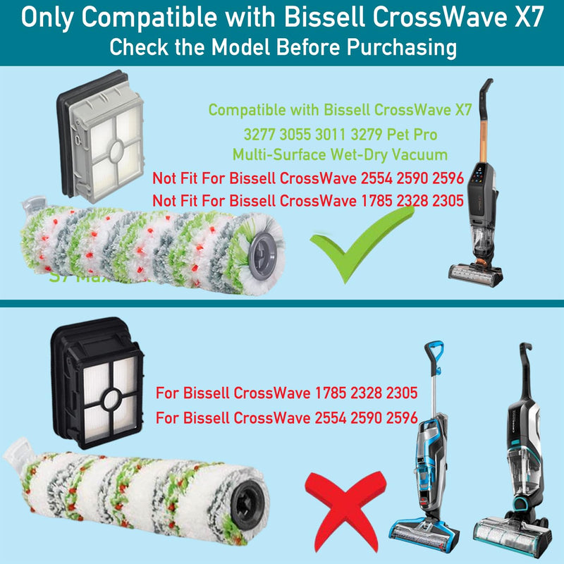 6 Pack Brushes and Filters Replacement Compatible with Bissell Crosswave X7 Pet Pro 3279 3277 3011 3055 Multi-Surface Wet-Dry Vacuum, 3 Roller Brushes, 3 HEPA Filters, 1 Cleaning Brush 6