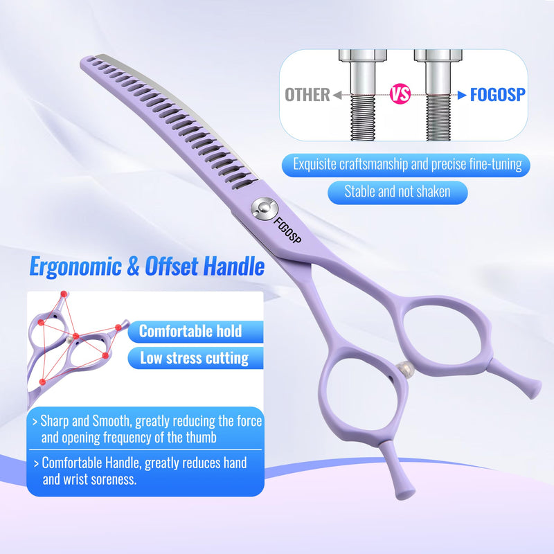 Curved Chunkers Dog Grooming Scissors 7" Macarone Series Professional Pet Grooming Shears for Dogs Pets Japan 440C Stainless Steel Sharp & Durable(Purple, 27Teeth Curved Thinners) 7.0 in Curved Chunkers Macaron Purple - PawsPlanet Australia