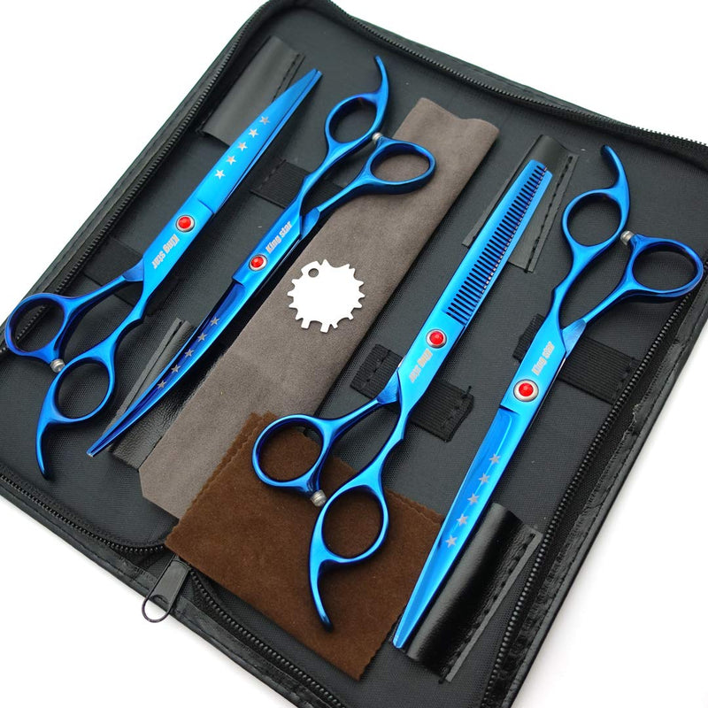 7.0in Titanium Blue Professional Pet Grooming Scissors Set,Straight & Thinning & Curved Scissors 4pcs Set for Dog Grooming,(Blue) - PawsPlanet Australia
