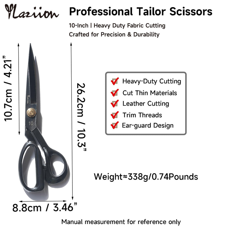 YLaziion 10-Inch Professional Tailor Scissors, Heavy-Duty Fabric Scissors with Ear-Guard Handle for Precision Cut – Manganese Steel Dressmaking Shears with Rust-Resistant Finish, 0.74LB Right-Handed 10" Right-Handed