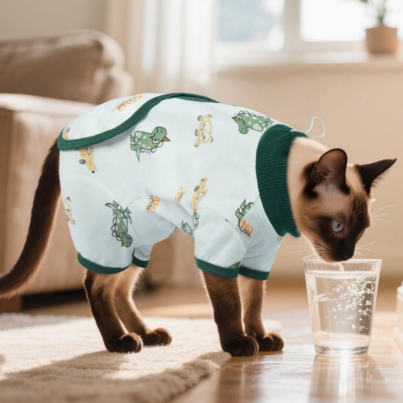 DENTRUN Cat Surgery Recovery Suit Female Male Soft Onesie, Kitten Surgical Collar Cone Alternative Shirt, Abdominal Wounds Anti-Licking Pajama for Small Pets Spay, Cat Body Suit Post Surgery XL Green Dinosaur - PawsPlanet Australia