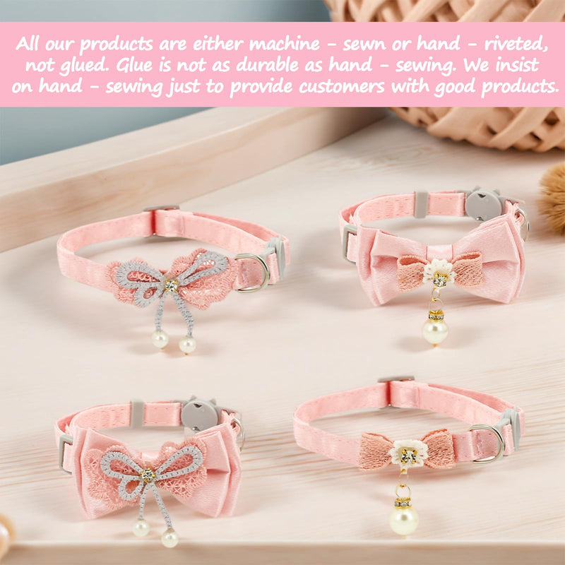 Pink Cat Collar, 4pcs Safety Buckle Kitten Collar Girl with Pearl Pendant Adjustable Cute Cat Collars for Girl Cats with Bow Fashion Comfortable Washable Removable Design - PawsPlanet Australia