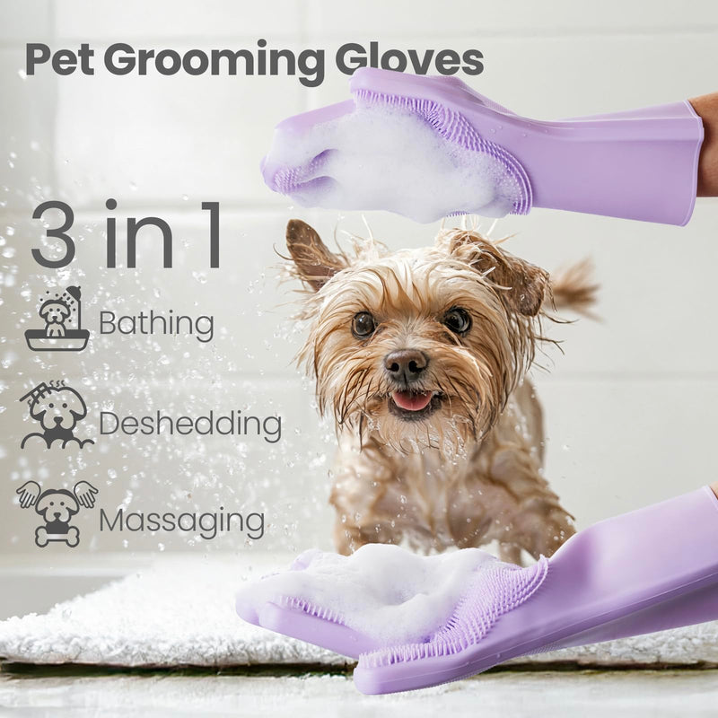 DELOMO Dog Washing Gloves 1 Pair: Soft and Gentle Silicone Pet Grooming Gloves - Bathing Scrubber Brush Mitt Grooming Shedding Fur Removal Massage for Dogs/Cats/Horse, Purple Medium - PawsPlanet Australia