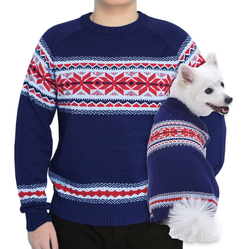 Blueberry Pet Unisex Holiday Chic Secret Fair Isle Style Pullover Sweater in Navy Blue, Small Unisex - S C Design: Pet Owner - Christmas Navy Blue - PawsPlanet Australia