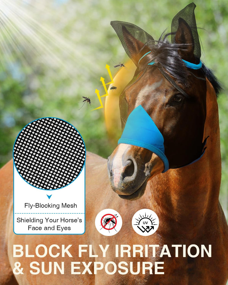 Hilltown Adjustable Fly Mask for Horse with Ears - UV-Block, Large Eye Space, Breathable, Built to Last, Comfort Fit - Horse Fly Mask for Daily Stable, Hot Weather Riding & Competition - X-Full, Blue - PawsPlanet Australia