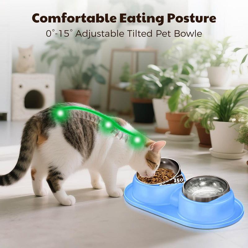 Cat Bowls 2 Stainless Steel Bowl for Pet Dog Water and Food Feeder with Non Spill Skid Resistant Silicone Mat,Tilted Bowls Elevated Anti Vomiting, Non-Slip Base, Ant Proof Food & Water.Blue Blue