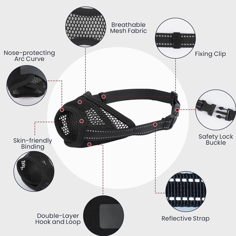 2 Pack Dog Muzzle,Mesh Soft Muzzle for Small Medium Large Sized Dog, Anti Barking Biting, Breathable Adjustable Drinkable，Mouth Cover for Grooming Training（Black, M Black