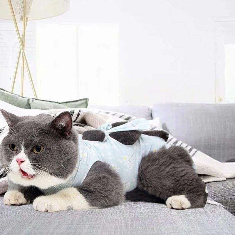 Qcwwy Surgical Recovery Suit for Cats with Adjustable Straps, Breathable Fabric, Cute Strap Design for Weaning, Postoperative Recovery Clothes for Cats (S) Blue Flower S